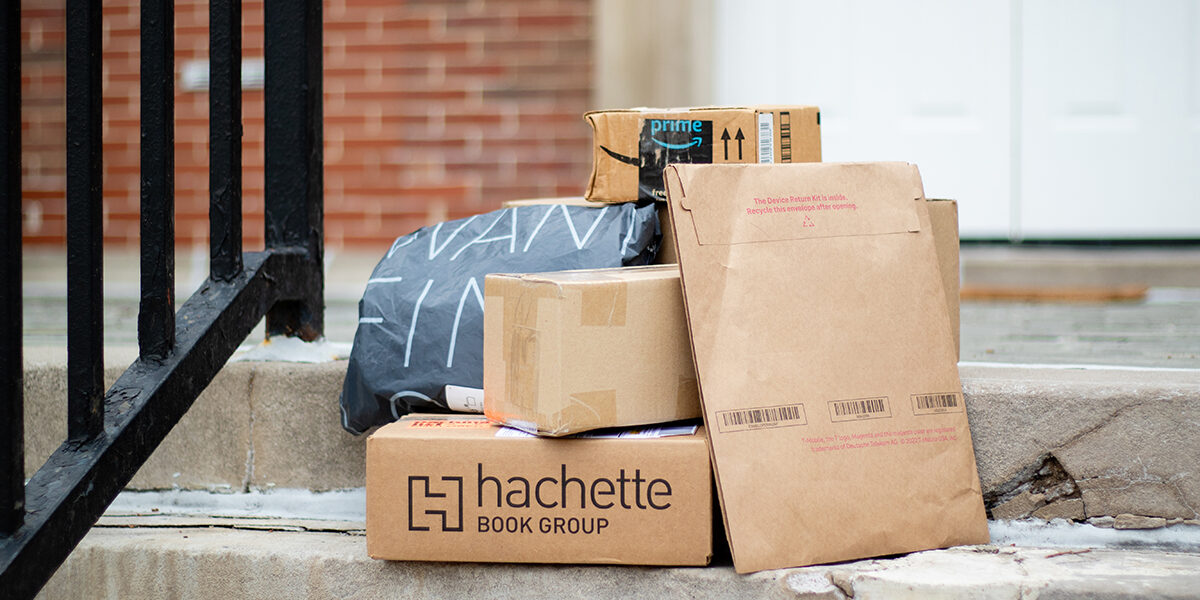 Shipping boxes on a staircase
