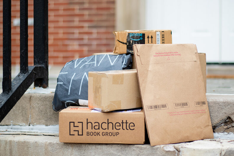 Shipping boxes on a staircase