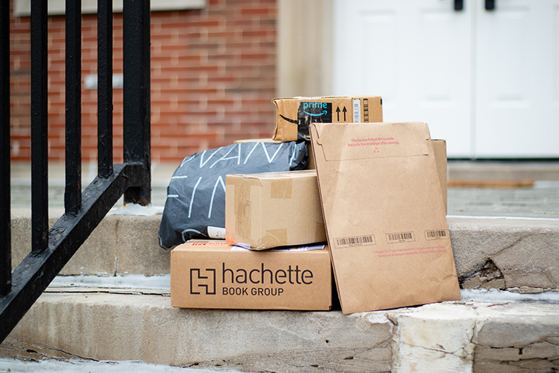 Shipping boxes on a staircase