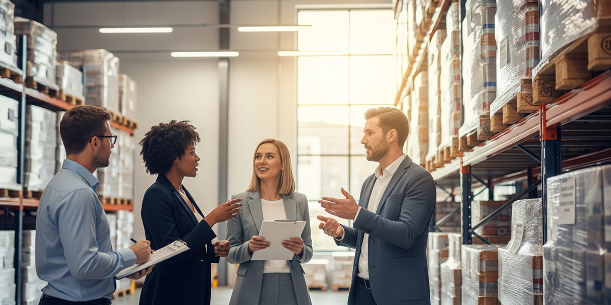 Diverse professionals discuss logistics in modern warehouse setting.
