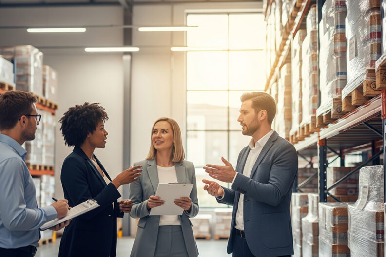 Diverse professionals discuss logistics in modern warehouse setting.