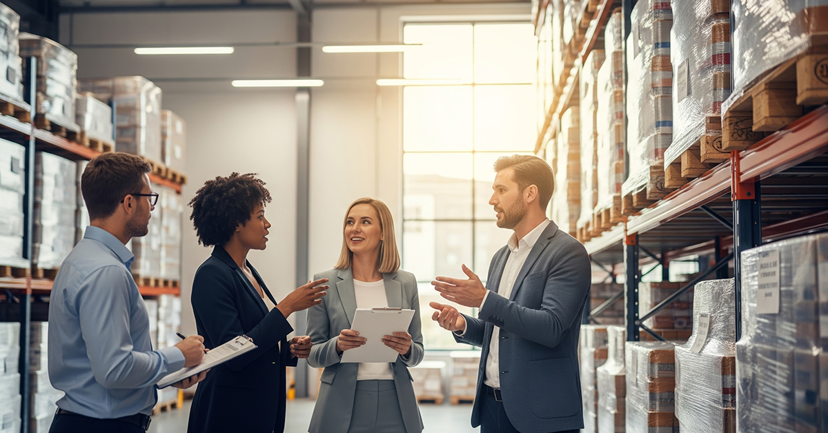 Diverse professionals discuss logistics in modern warehouse setting.
