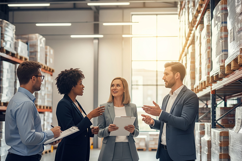 Diverse professionals discuss logistics in modern warehouse setting.