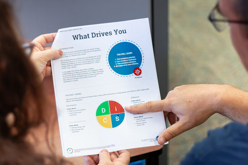 Two individuals review a Personality Test together.
