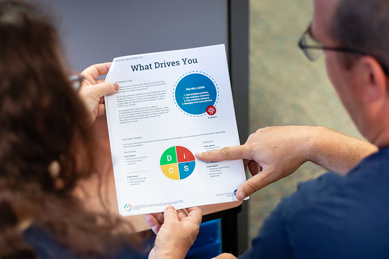 Two individuals review a Personality Test together.